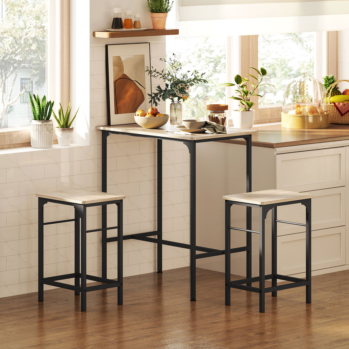 Bar Table Set Bar Table with Bar Stool Set Dining Table with 2 Chairs with Non-Slip Foot Pads Natural Wood (2)