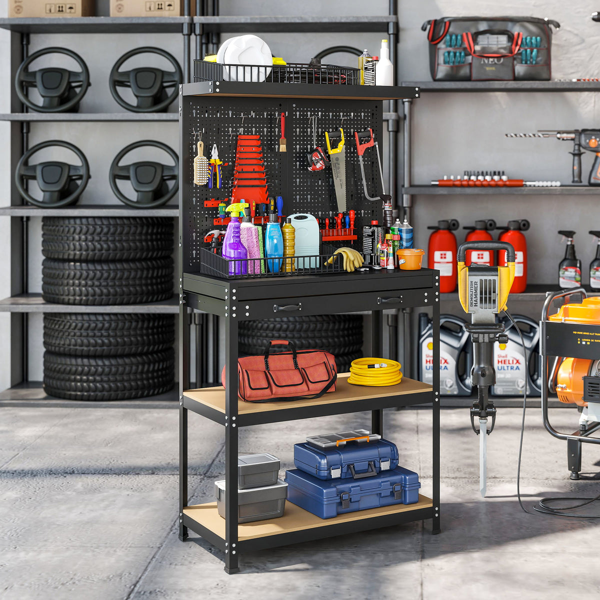 Workbench 80 x 40.5 x 155 cm tool bench with pegboard, hooks, drawer, 2 shelves for workshop black (2)