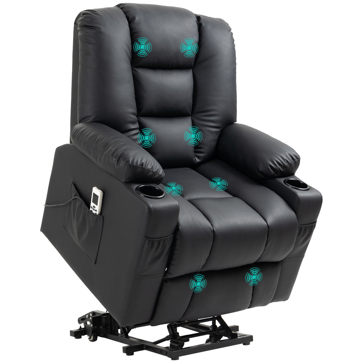 Recliner with lift assist, USB, massage function, faux leather, up to 150 kg, 90x98x102 cm, black