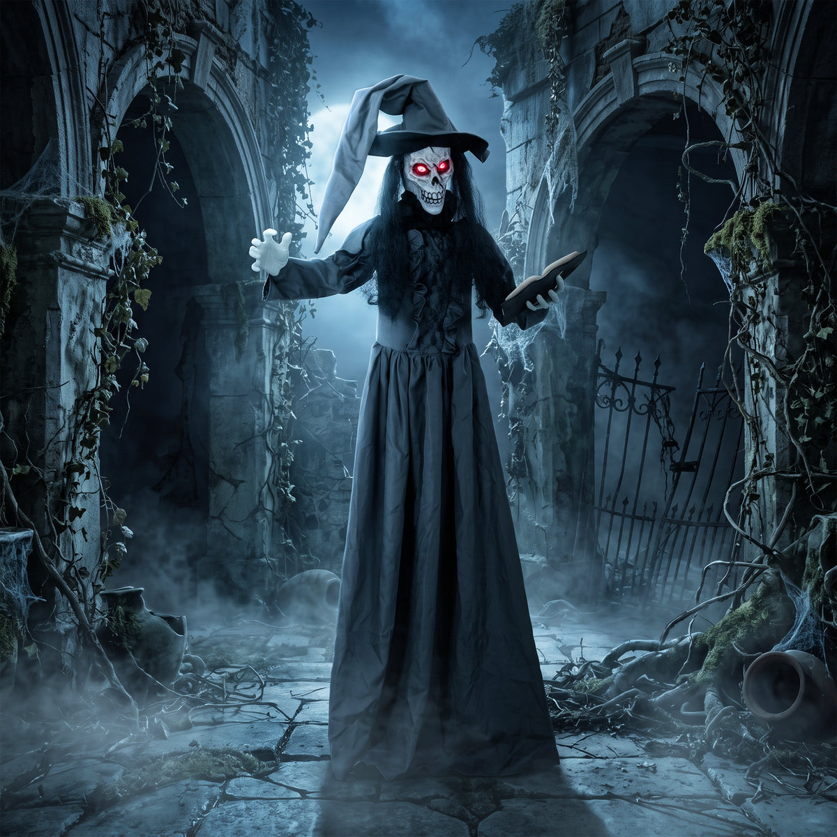 180 cm Halloween Animated Witch Decoration Life-size with Glowing Eyes, Scary Sound, Touch Activation (2)