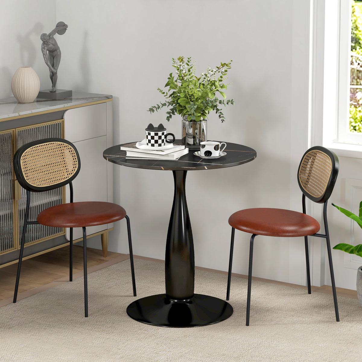 Round dining table, powder-coated steel, MDF with melamine, non-slip feet, 70 x 74 cm, black (2)