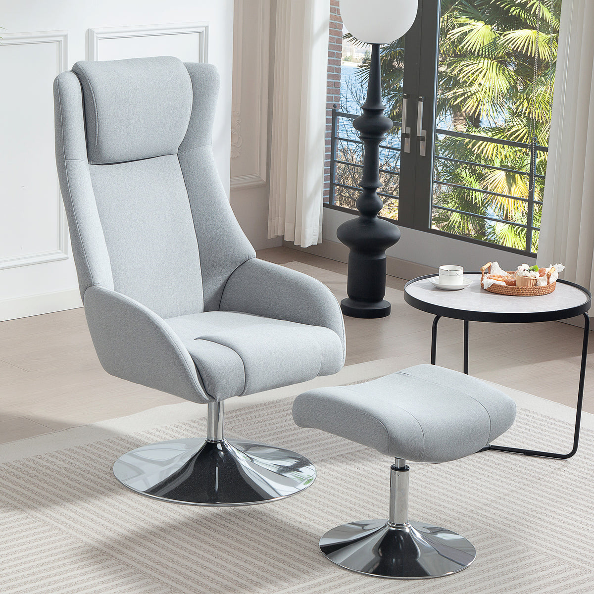 Swivel upholstered chair with footstool, reclining, upholstered armchair with armrests, for living room, bedroom (2)