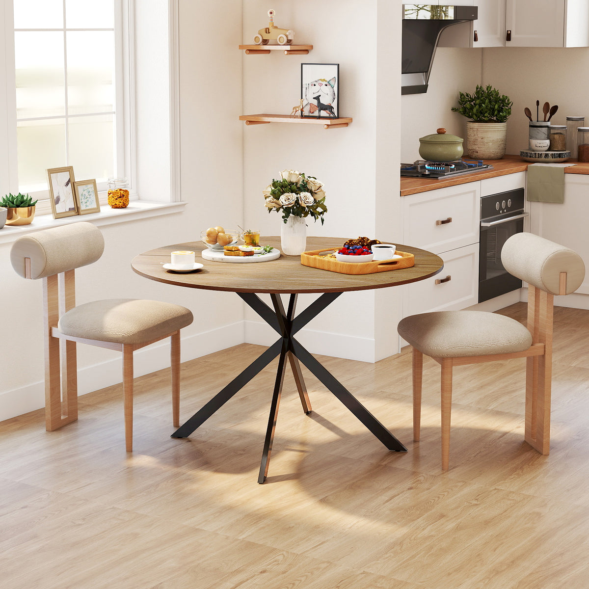 Round dining table for 4 people, industrial style kitchen table with steel legs, for dining room, kitchen, oak (2)