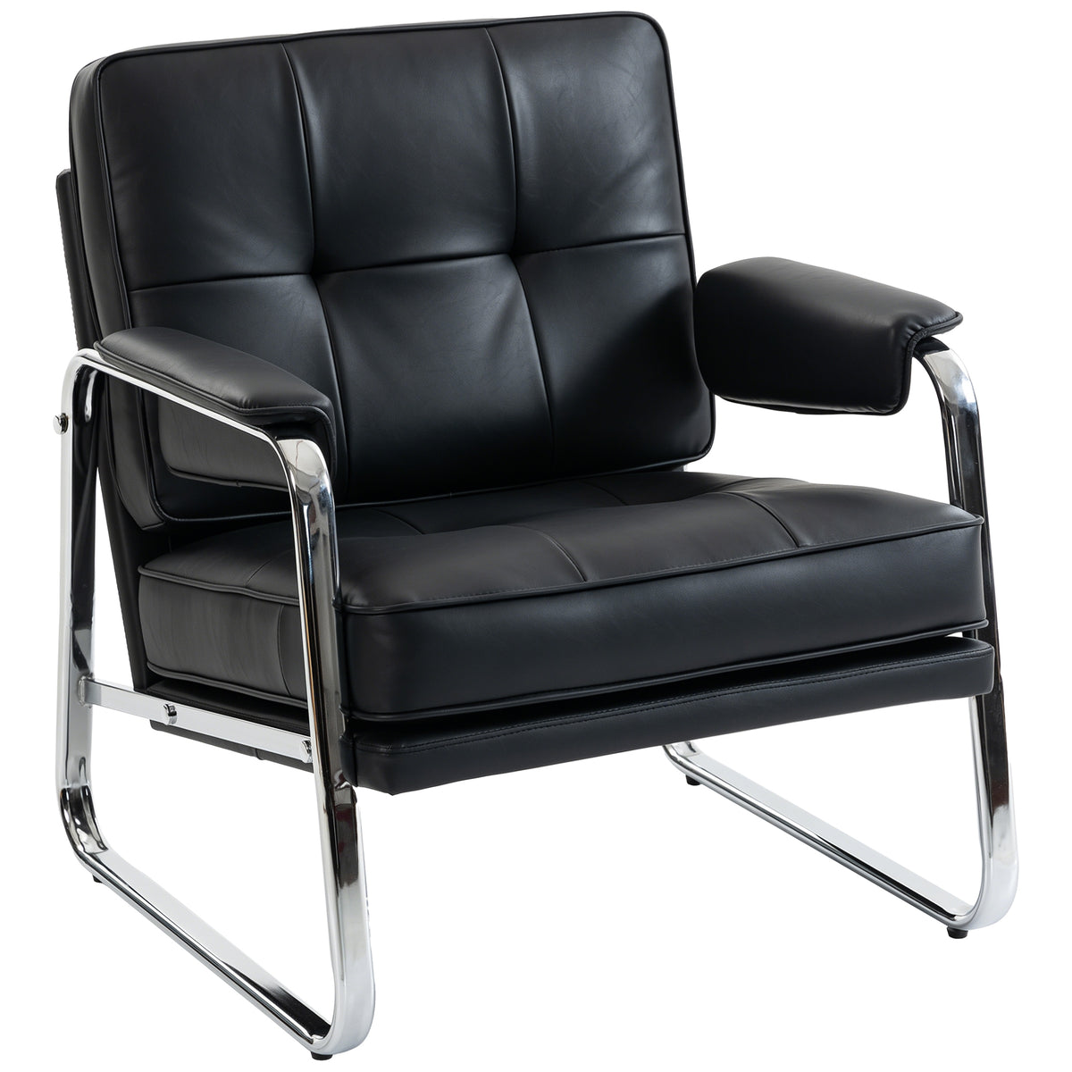 Armchair lounge chair with wide seat, armrests, steel legs, made of faux leather for living room, bedroom, black