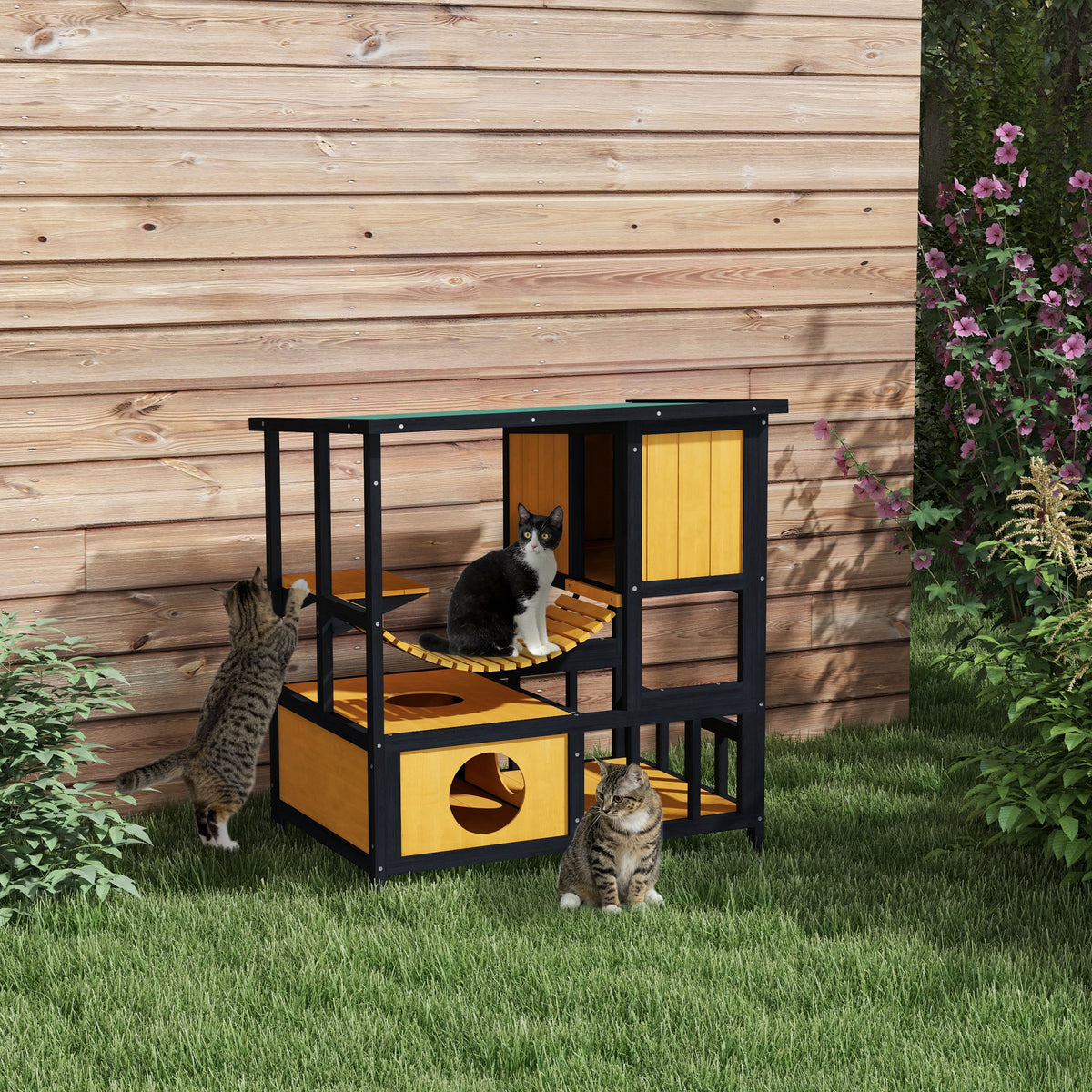 Cat house, cat hut, cat cave, weather-resistant, 1 ramp, 1 platform, 84.5 x 60 x 88 cm, green + natural (2)