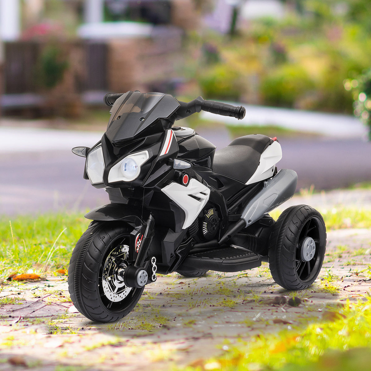 Electric ride-on motorcycle for kids, lights & sounds, 3 km/h, rechargeable, plastic & metal, black/white (10)