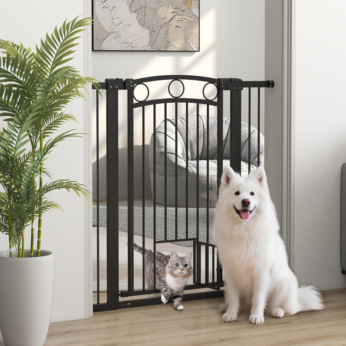 106 cm high pet gate with adjustable width, integrated cat door, for stairs and door frames, black (2)