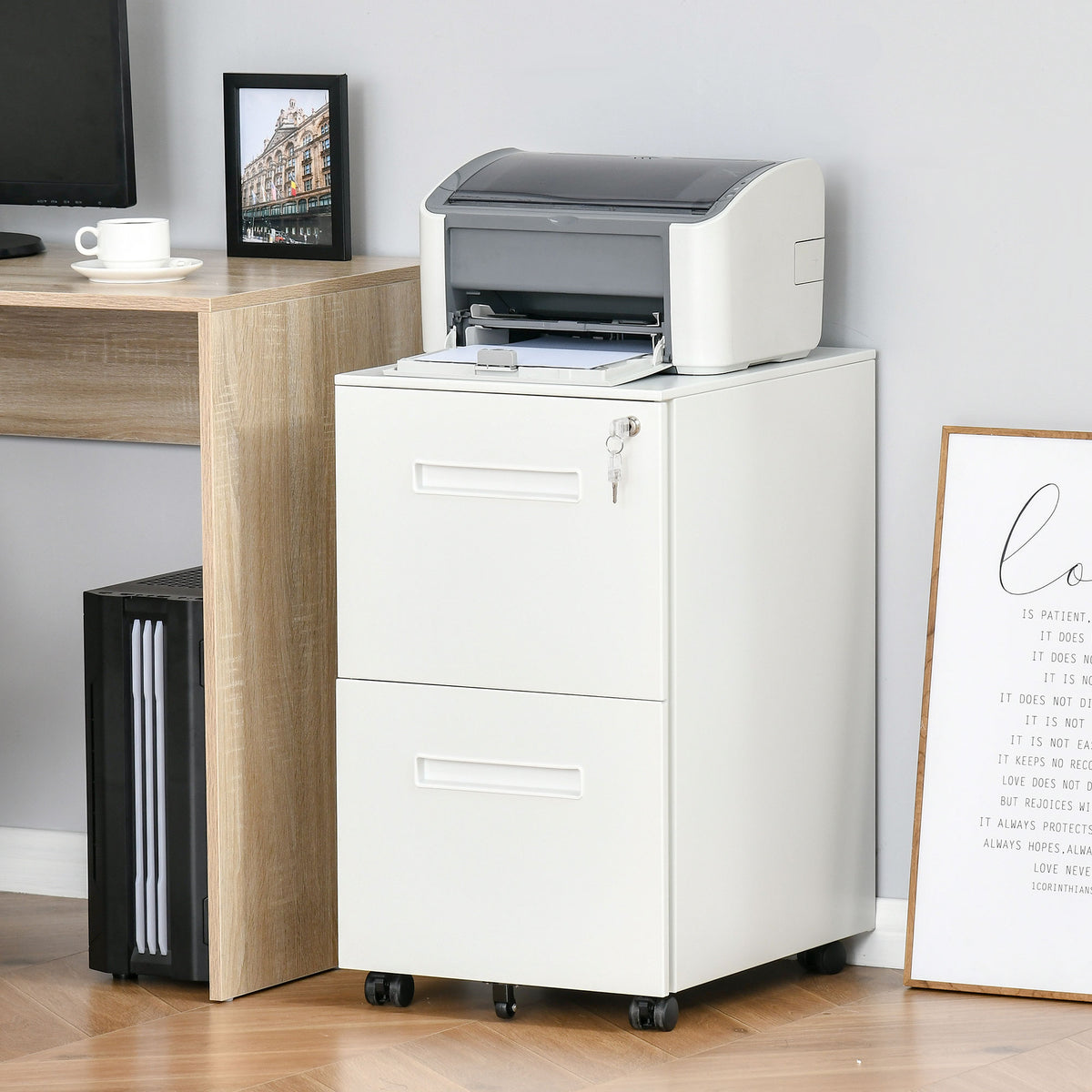 Mobile pedestal, filing cabinet, partition wall, centrally lockable, steel housing, 5 castors, white, 39 x 48 x (2)