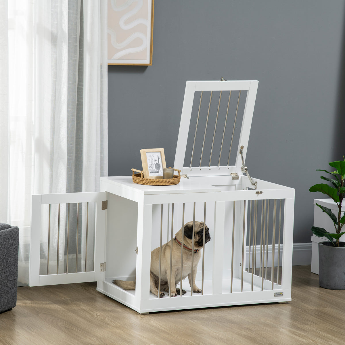 Dog cage with 2 doors, dog crate, lockable, steel mesh, 80 cm x 50 cm x 56.5 cm, white + silver (2)
