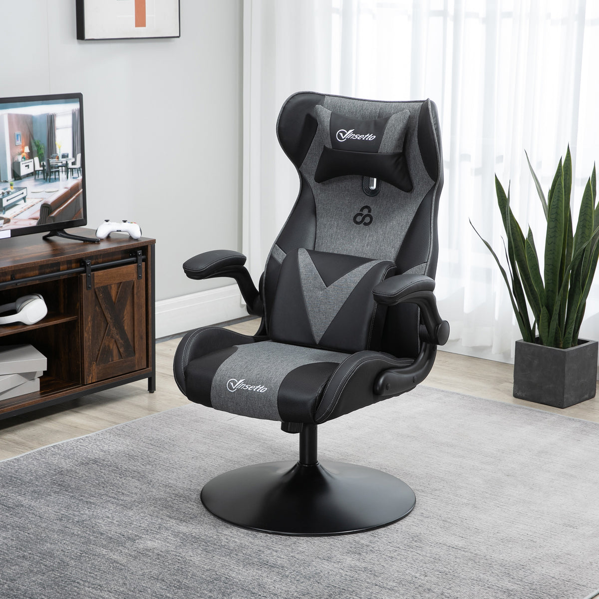 Gaming chair, height-adjustable & swivel, faux leather cover, foldable armrests, black+gray (2)