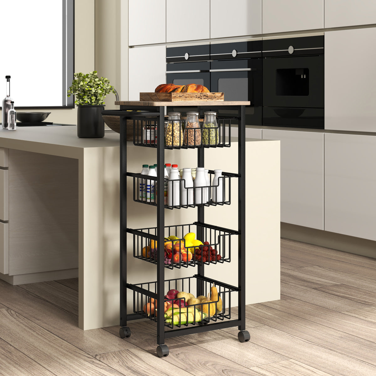 4-tier kitchen trolley on wheels, rolling serving cart, kitchen trolley with 4 steel baskets, serving cart (10)