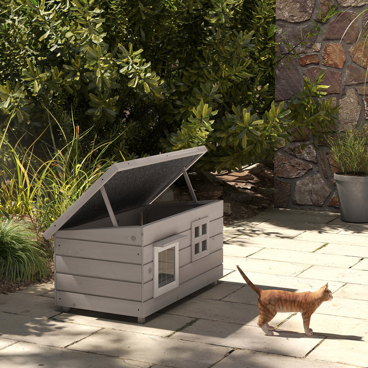 Waterproof Wooden Cat House, Cat Shelter with Asphalt Roof, Hinged Lid and Window, Winterproof Shelter, Outdoor (2)