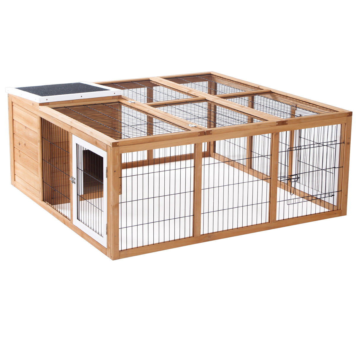 Small animal hutch with outdoor run, hinged roof, weather-resistant, 123 cm x 120 cm x 52 cm, brown
