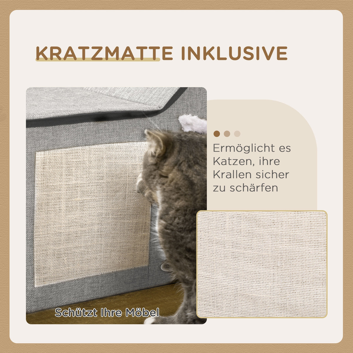 Cat house with scratching surface, incl. toy ball, cat cave, 65 cm x 41 cm x 45.5 cm H, brown + white + beige (4)