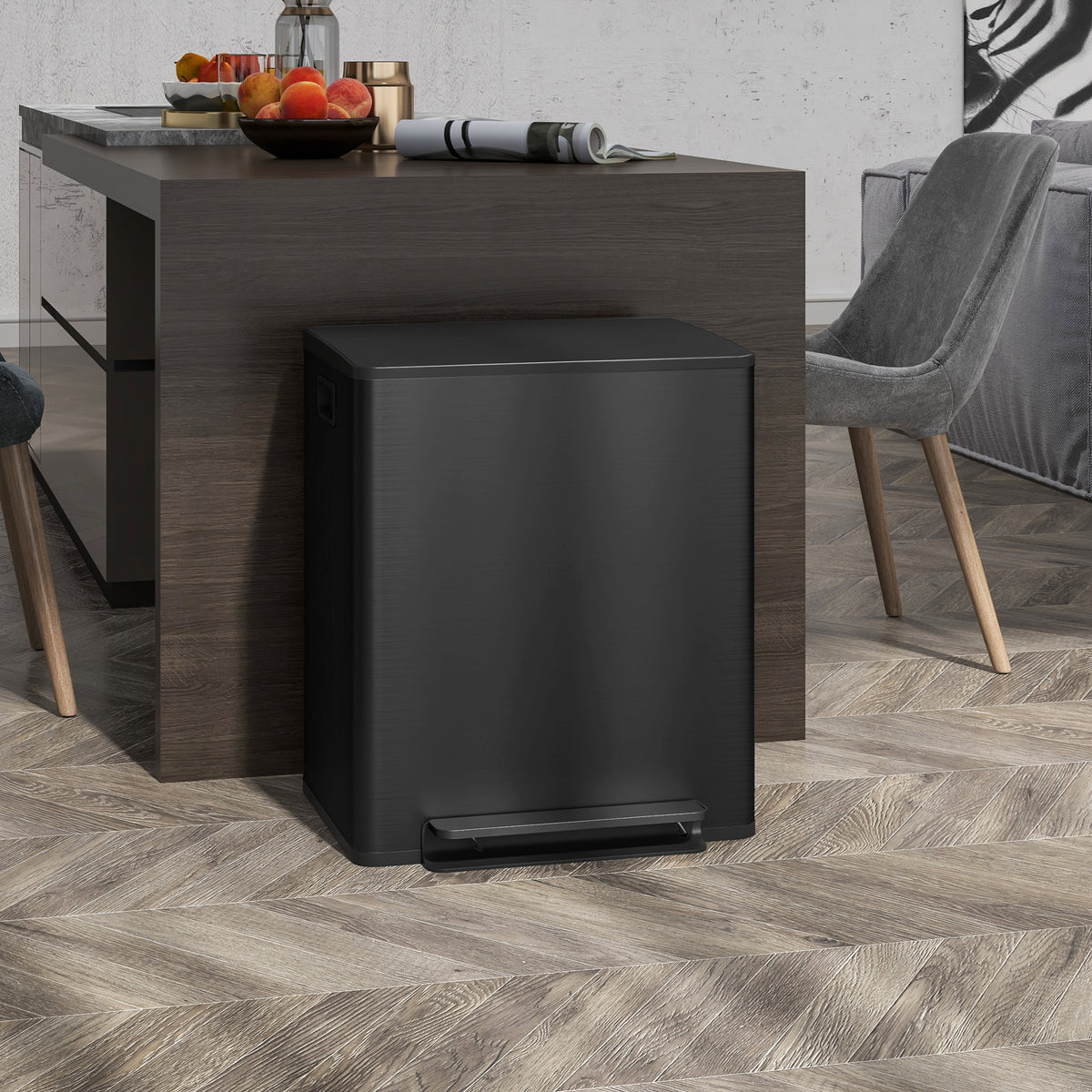 Trash can with 2x25L compartments, soft-close lid, fingerprint-resistant, stainless steel, black (2)