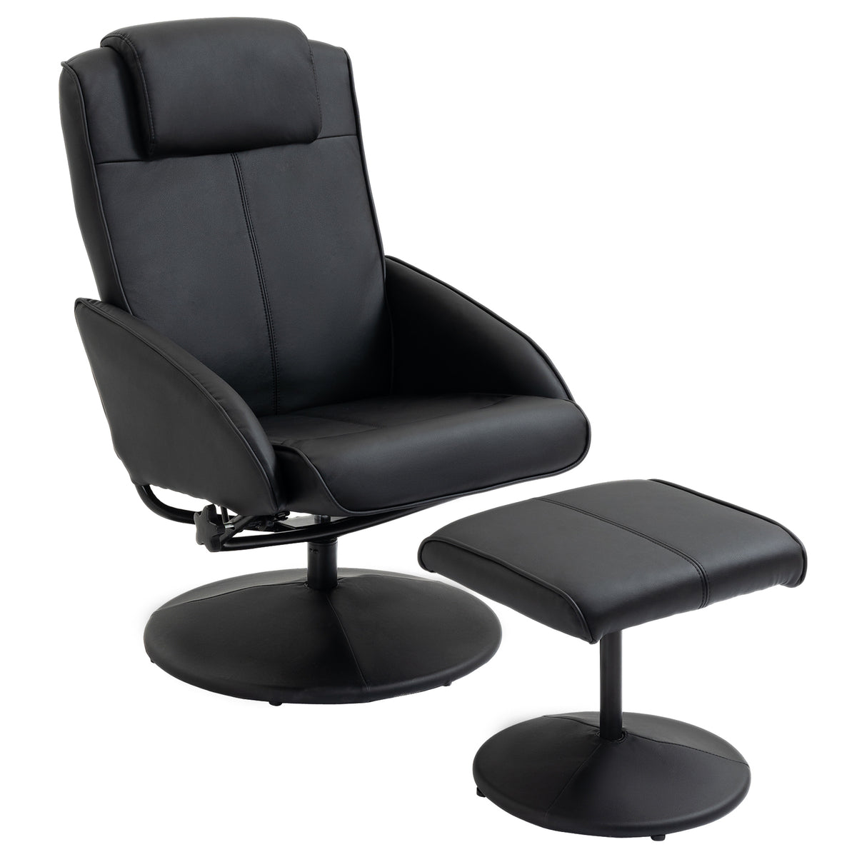 Recliner chair with footstool, faux leather upholstery, tiltable, ergonomic design, black