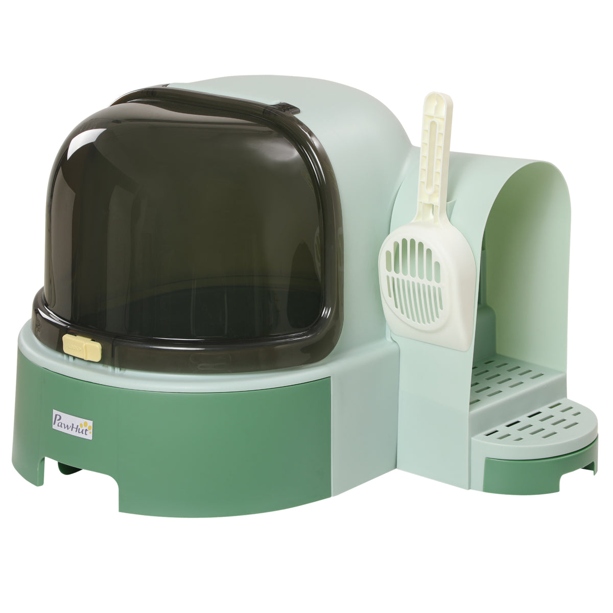 Cat litter box, 2 pull-out trays, 1 scoop, litter collection compartment, removable hood, green + black