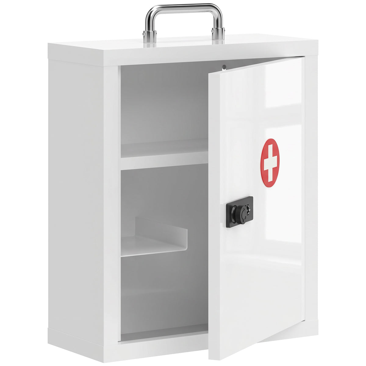 Wall-mounted medicine cabinet with combination lock, 3 shelves, lockable steel first-aid cabinet, white
