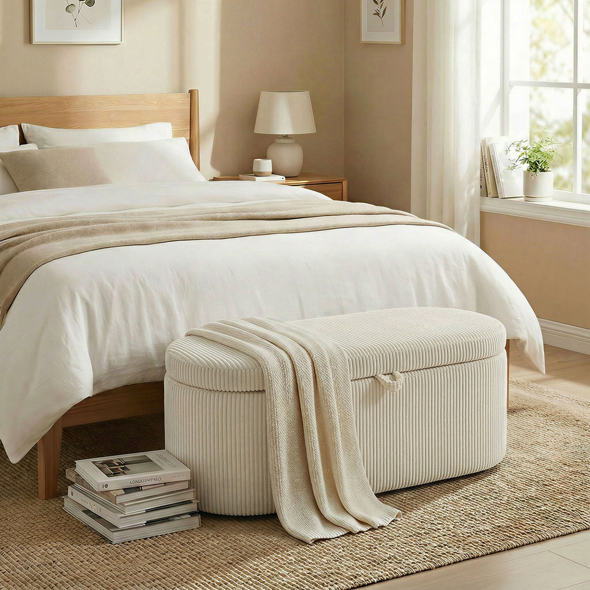 Storage Ottoman, Corduroy Upholstery with Padded Seat, Bed Bench, 105 x 51 x 49 cm, Beige (2)