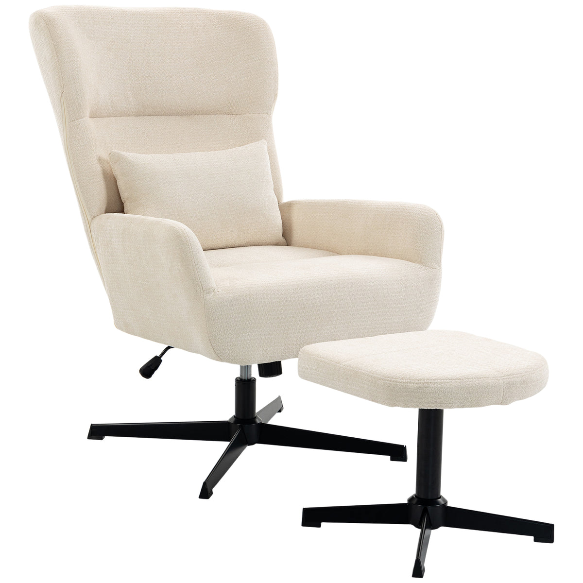 360° swivel lounge chair with ottoman, height-adjustable, chenille upholstery, with lumbar pillow, cream white