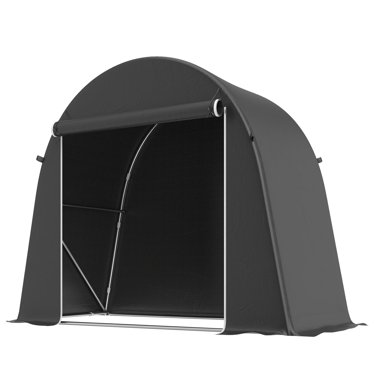 Portable garden shed, bike tent, roll-up zippered door, metal frame, versatile storage, plastic cover, dark gray