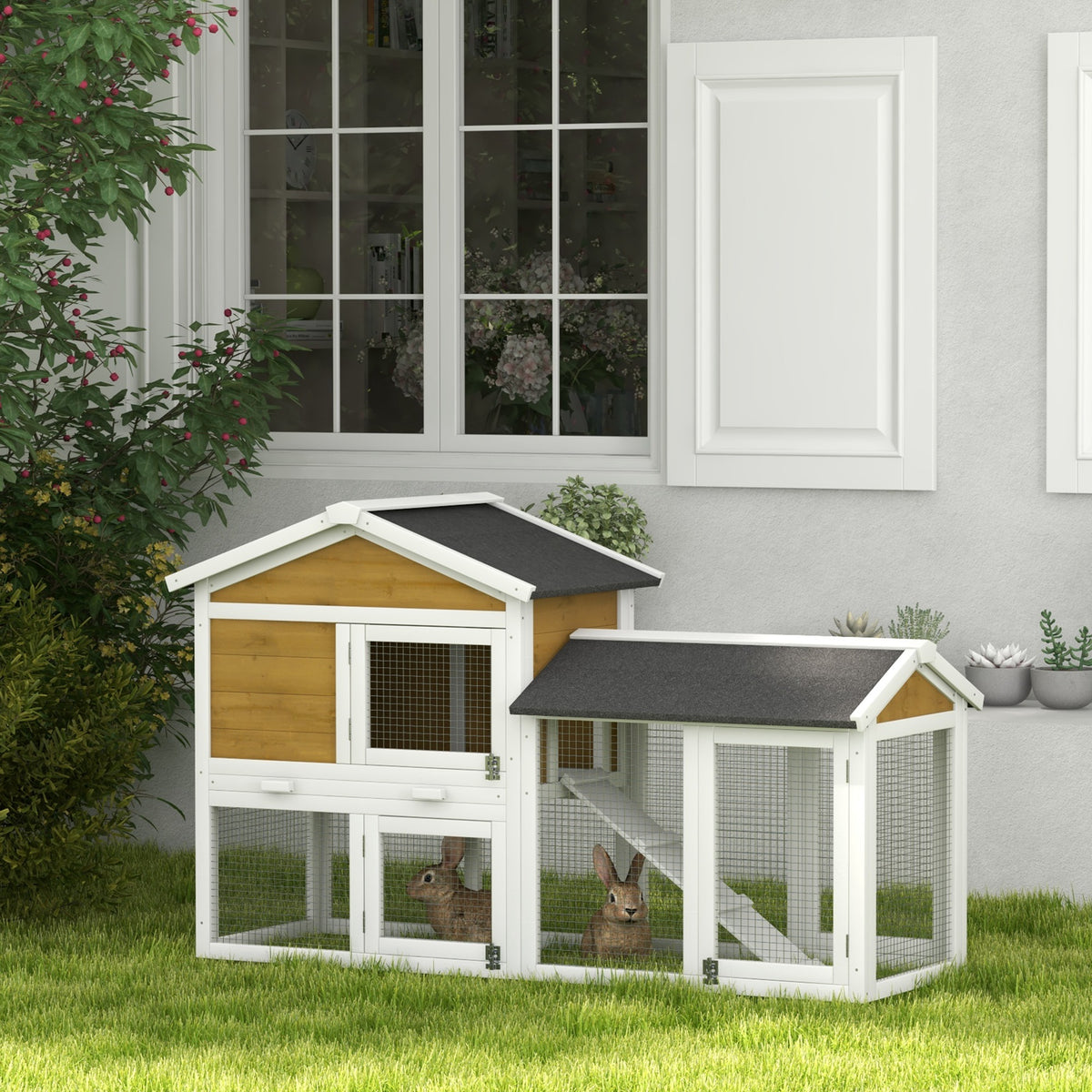 Rabbit hutch 2 tiers wooden rabbit cage with bitumen roof outdoor enclosure ramp doors 147x54x84 cm yellow (2)