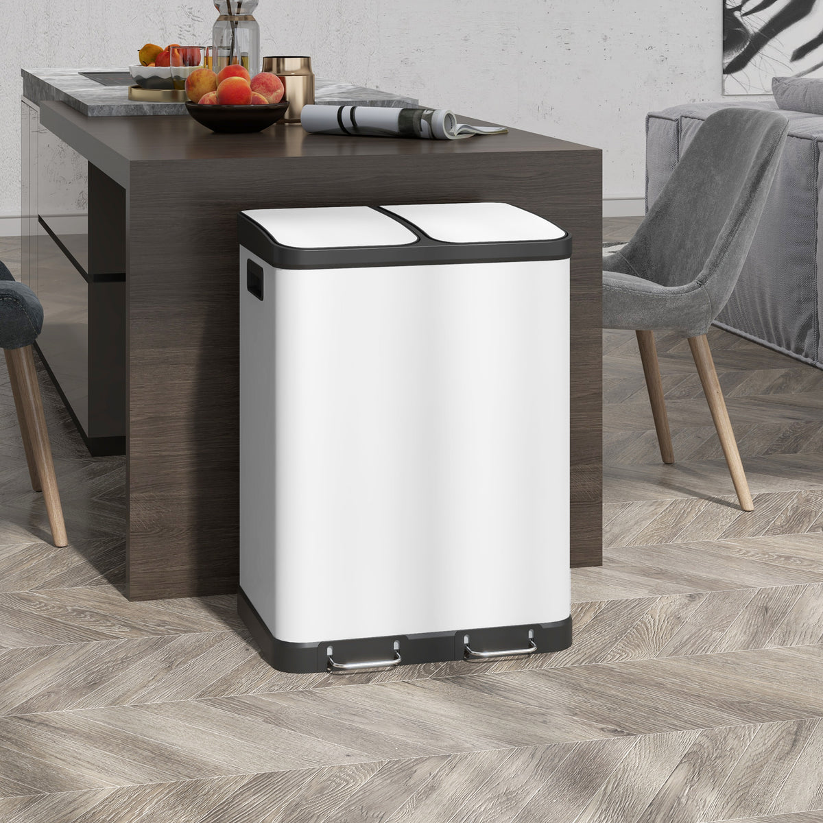 Double compartment trash can, 2 x 30L, fingerprint-resistant, pedal-operated, removable inner buckets, gray (2)