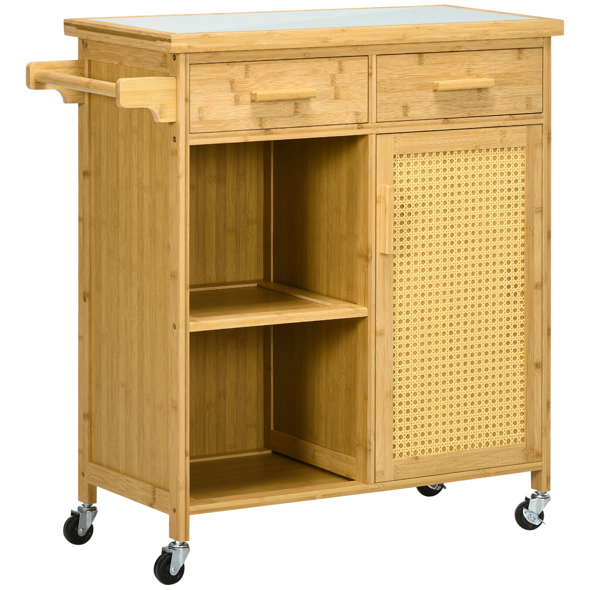 Bamboo kitchen trolley, multipurpose cart, serving trolley, 2 drawers, 1 cupboard, 2 shelves, natural