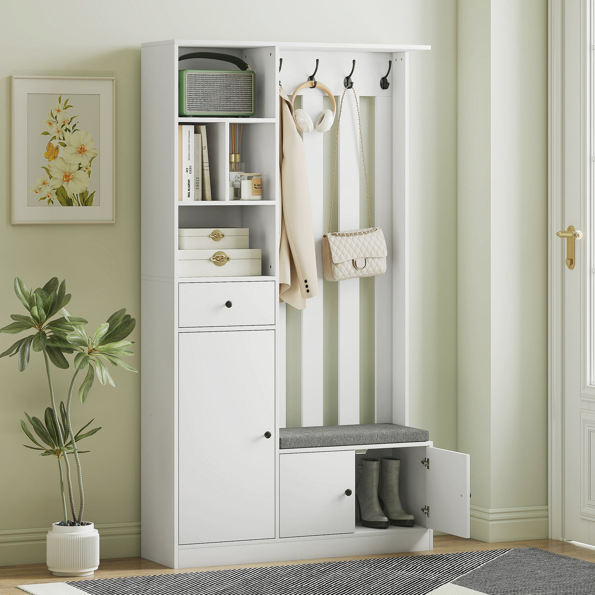 180 cm hall wardrobe with coat rack, shoe bench, 4 hooks, open storage shelves, MDF, white (2)