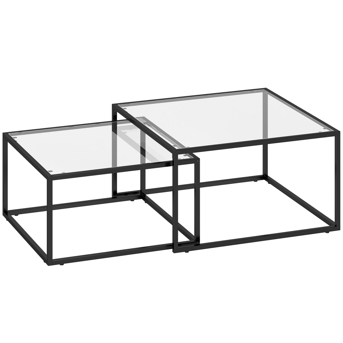 Coffee table set of 2 nesting tables with tempered glass top and metal frame, for living room black