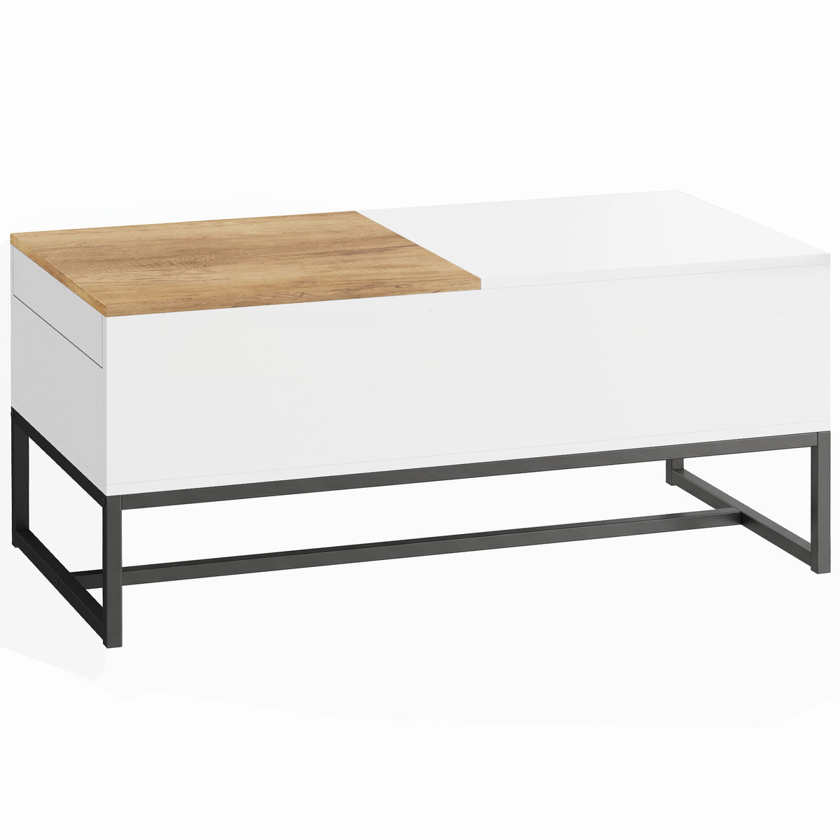 Extendable coffee table, modern living room table with sliding top, hidden storage space and steel legs, white