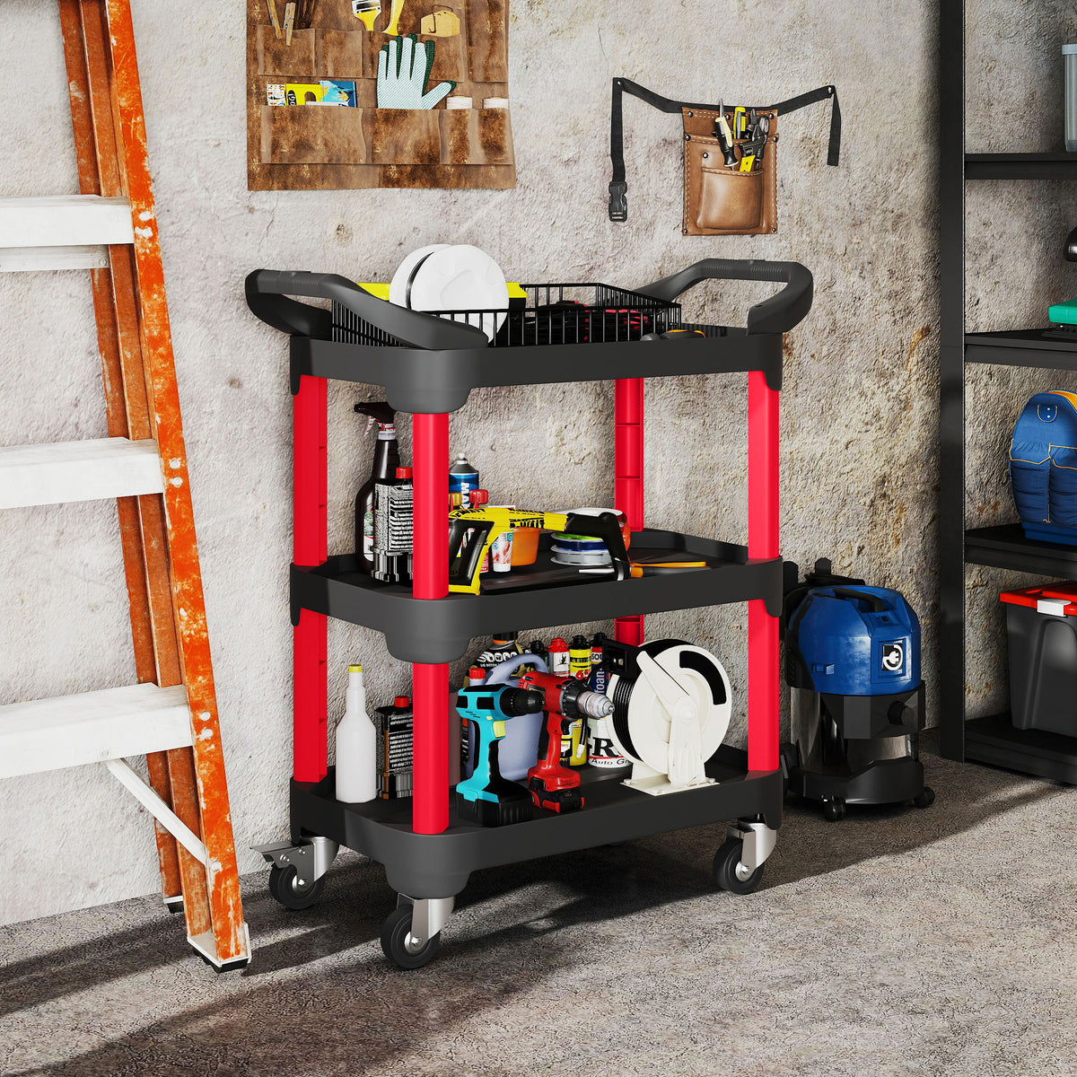 3-tier utility cart, side handles, wheels, plastic, black (2)