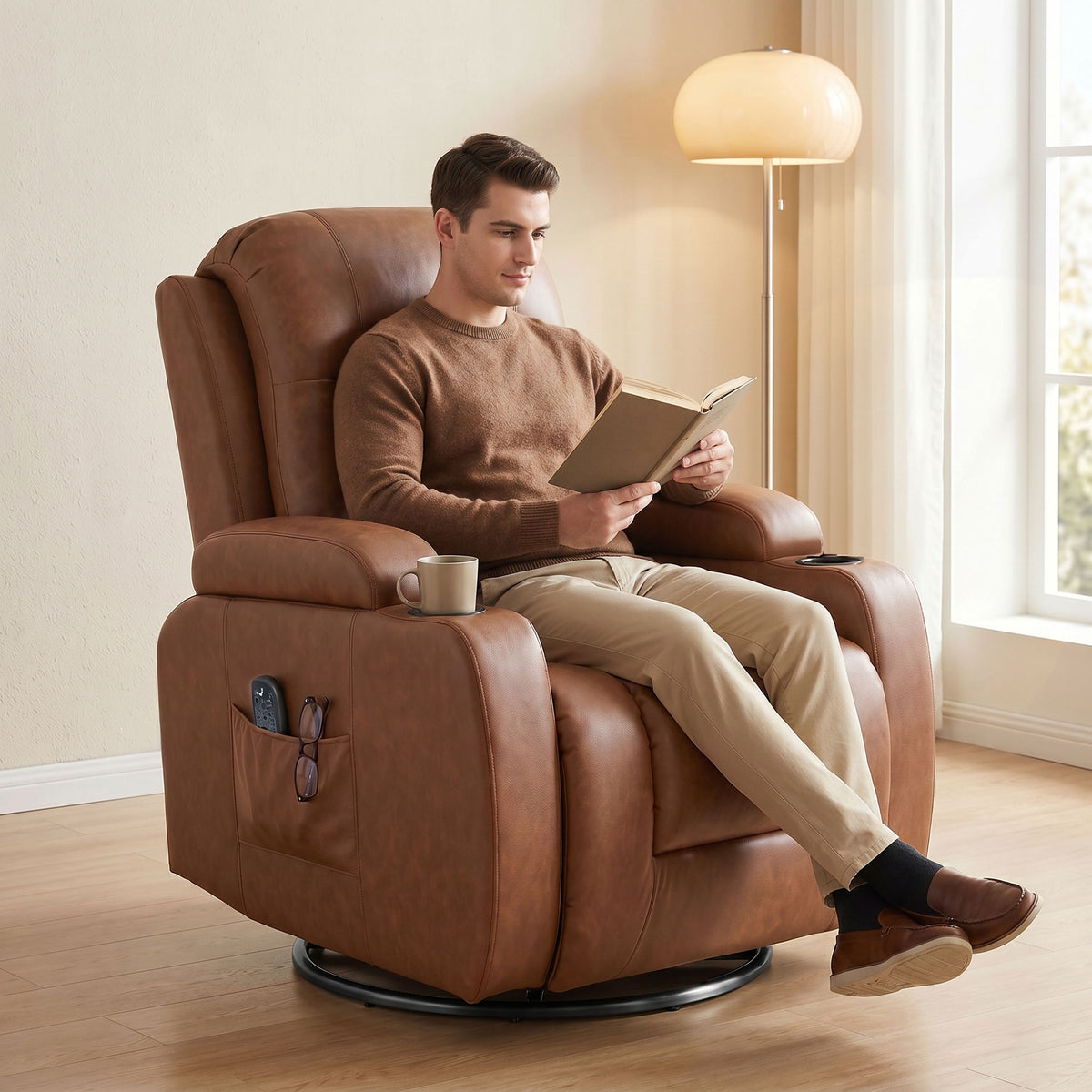Massage chair with heating function, swiveling rocking chair with footrest, light brown (2)