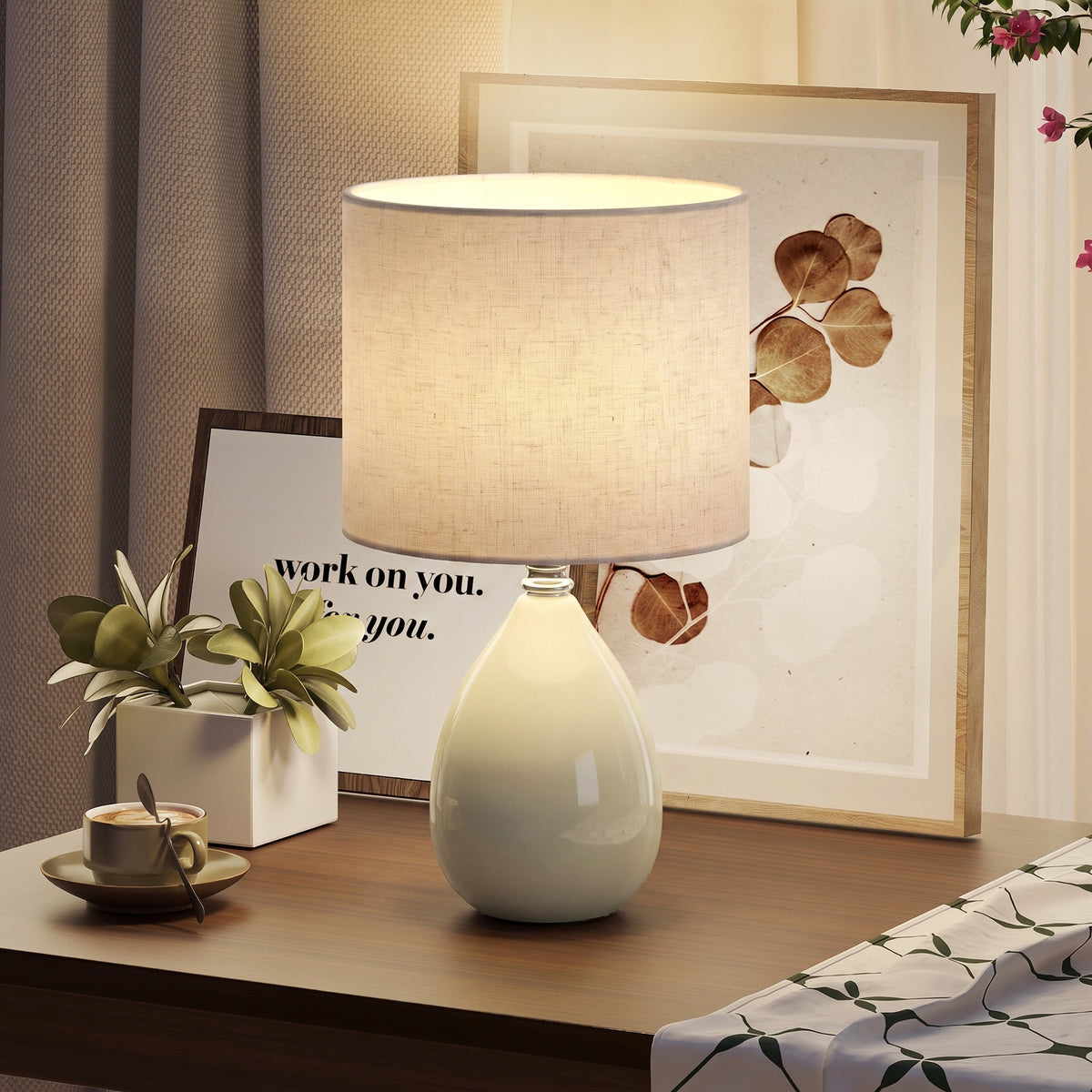 Table lamp, vintage bedside lamp, desk lamp with ceramic base, linen shade, cable, E27 socket (2)