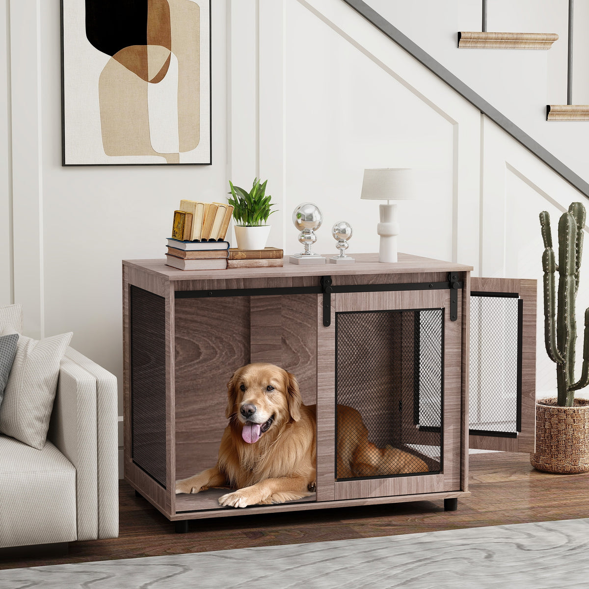 Dog crate, transport crate for dogs, retreat crate for pets, lockable doors, 98 x 60 x 78 cm, light brown (2)