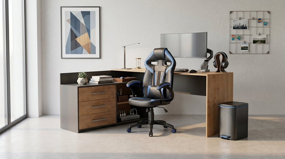 Set ECKSCHREIBTISCH DANY ANTHRAZIT / EICHE ARTISAN + Sessel DRIFT BLAU – Produktabbildung 2