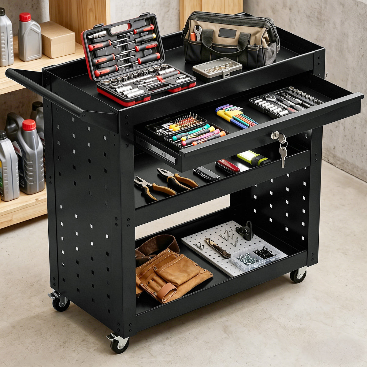 Tool trolley with lockable casters, rolling workshop cart with 3 tiers, drawer and pegboards, black (8)
