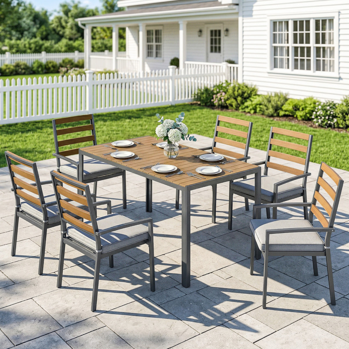 6-piece garden dining set, outdoor furniture with 1 dining table, 6 chairs, cushions for patio, natural wood (2)