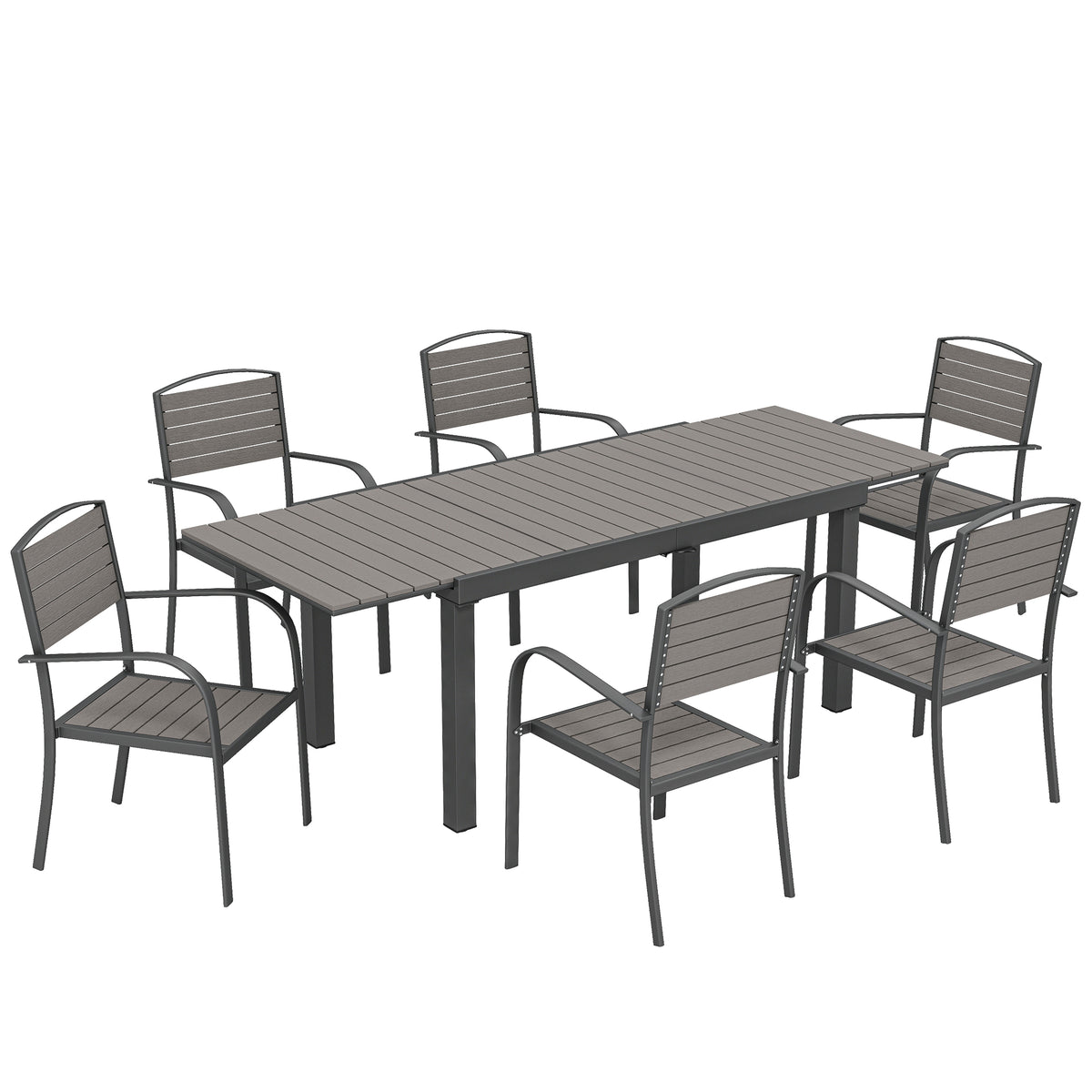 Garden dining set, 6 people, 7-piece, extendable table with 6 chairs, wood look, weather-resistant, aluminum