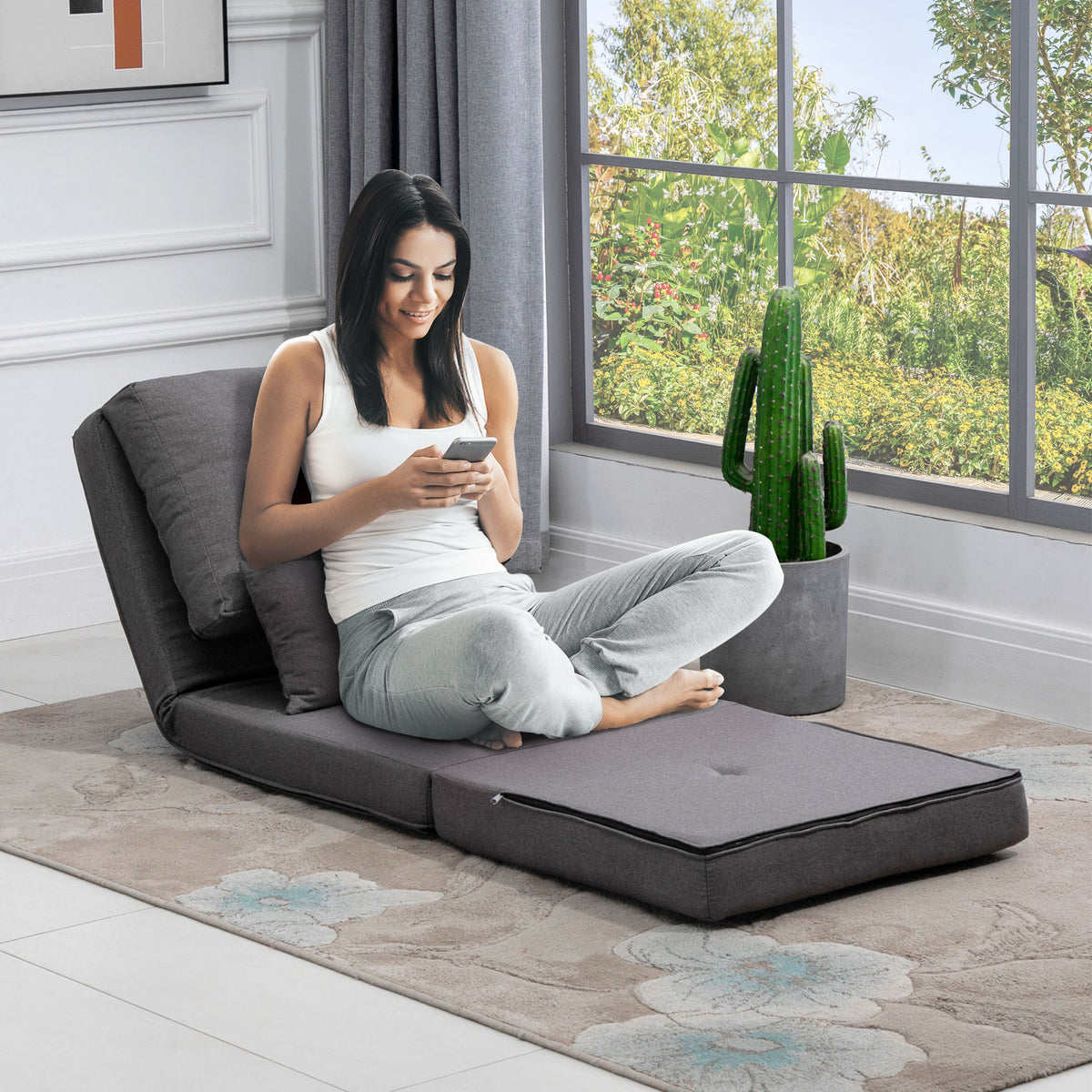 Floor chair folding mattress sleeping mat, 2-in-1 design, removable cushion, 60 x 80 x 56 cm, dark gray (2)