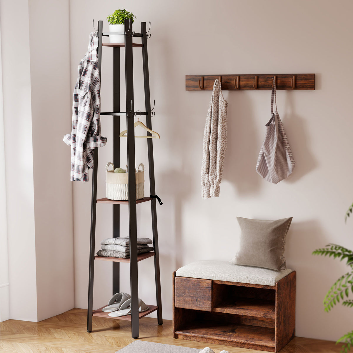 Coat rack with 4 tiers, freestanding clothes rack, 8 hooks, 4 shelves, industrial style, metal, particle board (2)