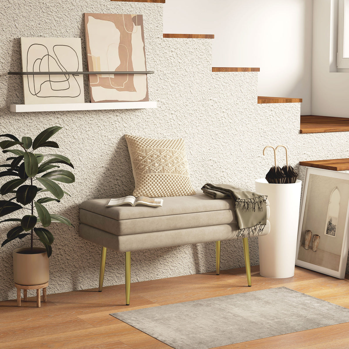 Upholstered bench, with storage, steel, 79.5 cm x 37.5 cm x 43 cm, beige (2)