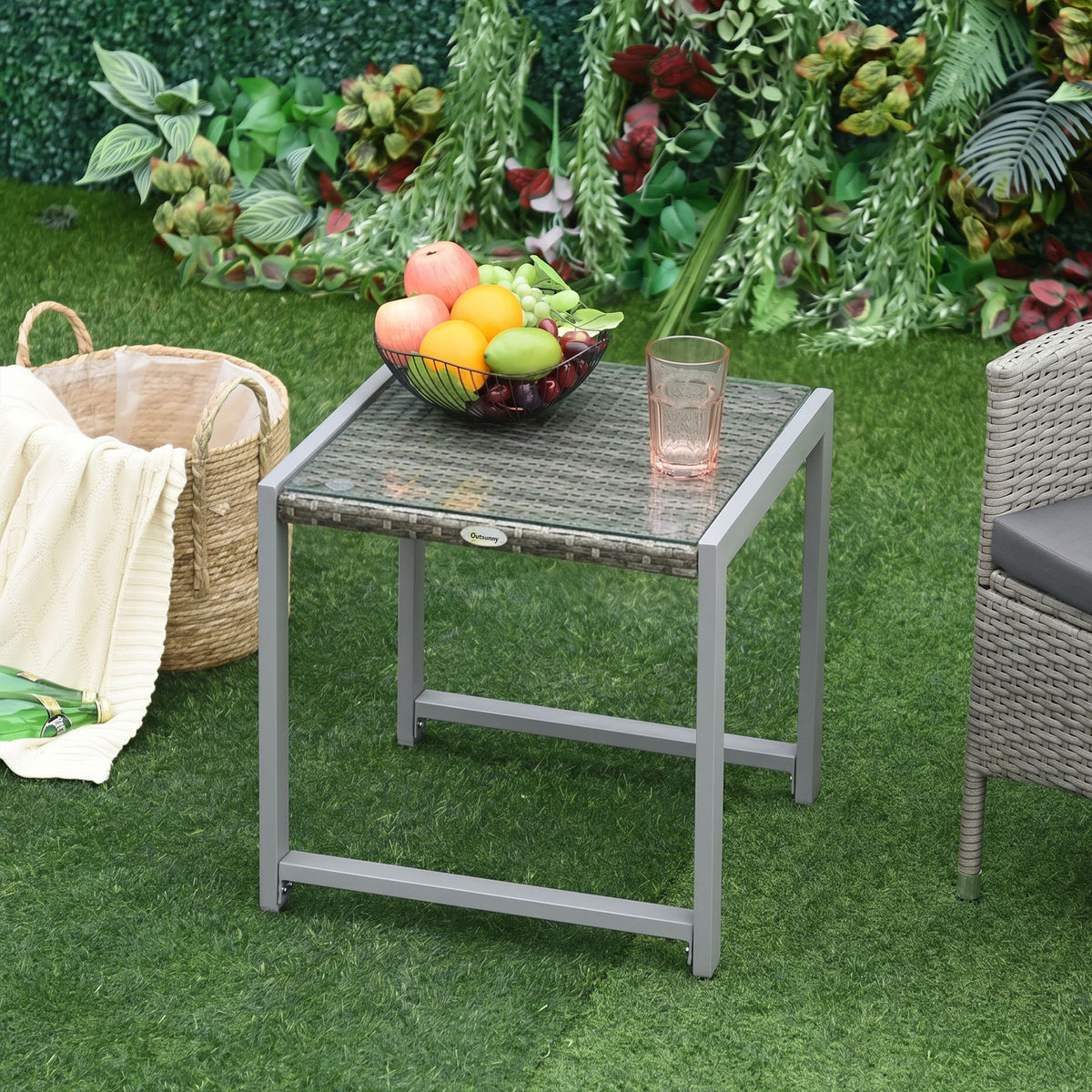 Garden table garden side table table garden furniture with tempered glass polyrattan + aluminium grey 50 x 49.5 (2)