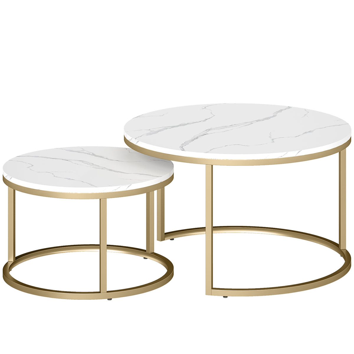 Set of 2 round coffee tables, stackable side tables with metal frame, marble-look living room table, coffee