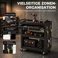 Tool trolley with lockable casters, rolling workshop cart with 3 tiers, drawer and pegboards, black (5)