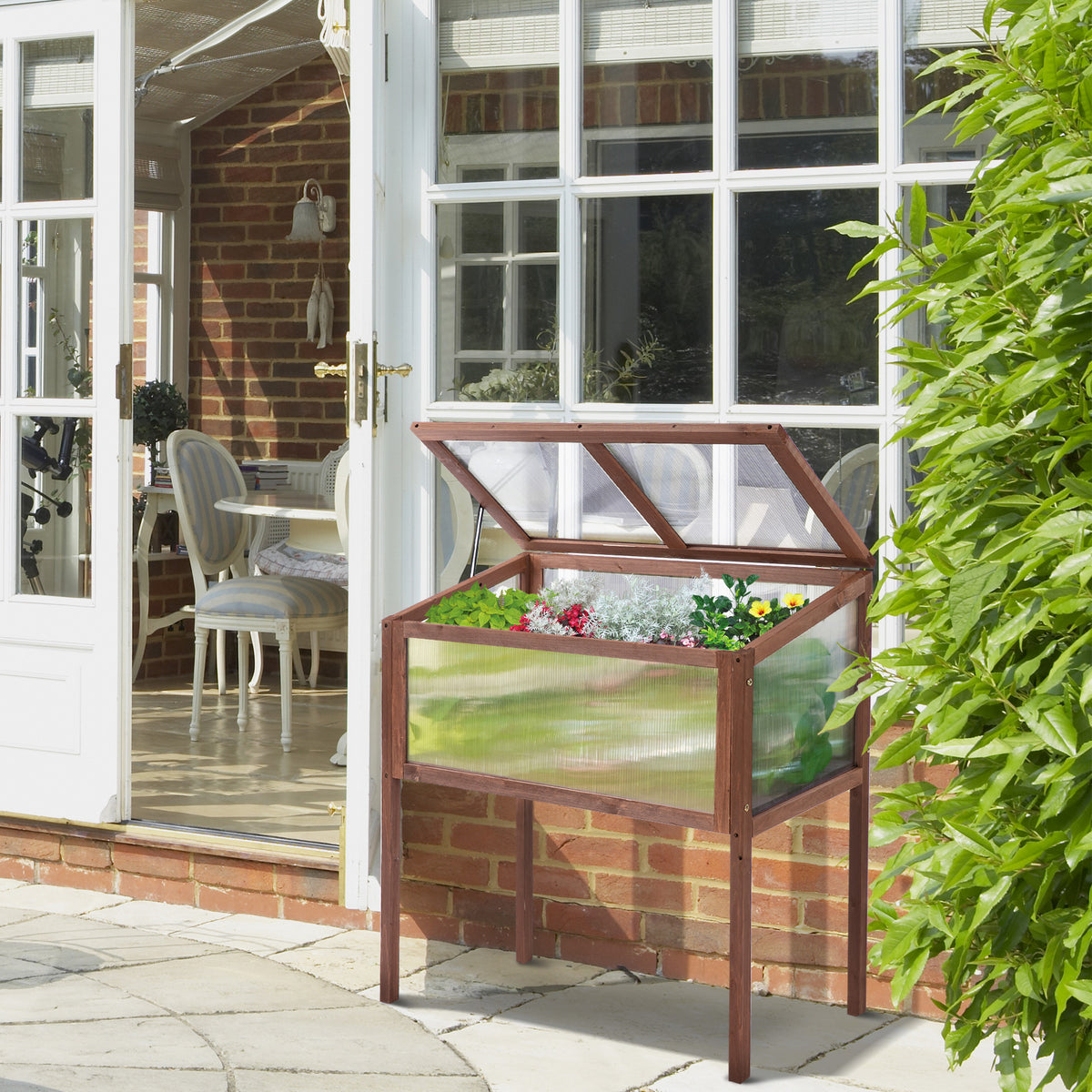 Wooden Raised Bed Cold Frame 90 x 50 x 93 cm Greenhouse Table with Cover Weatherproof Herb Bed Planter Box for (2)