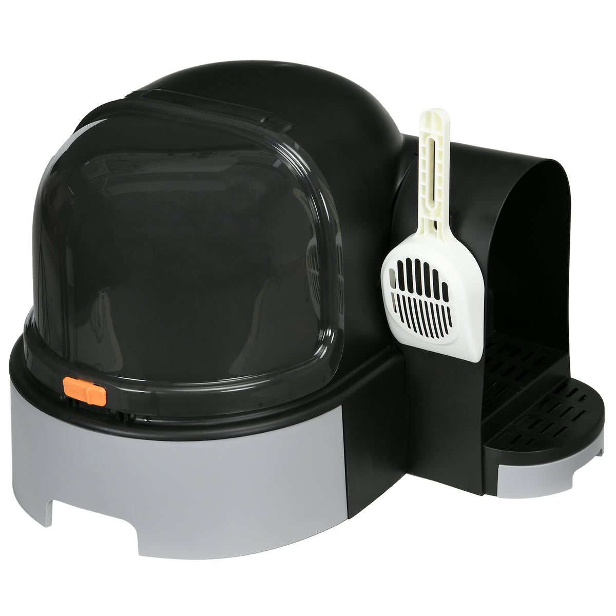 Cat litter box, 2 pull-out trays, 1 scoop, litter collection compartment, gray + black