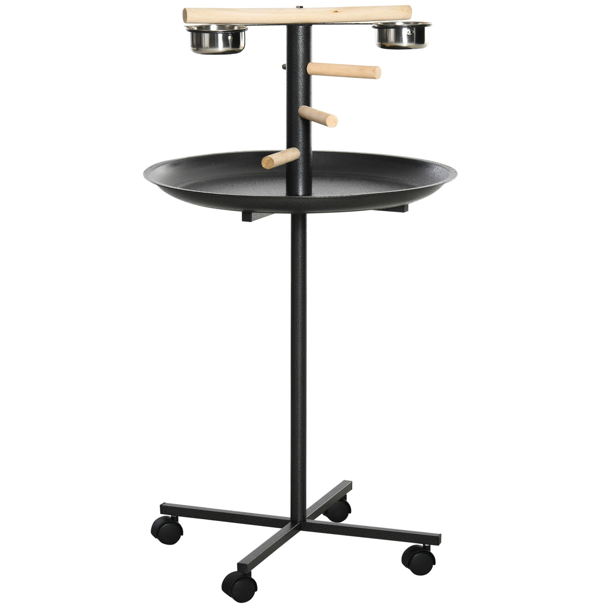 Bird play stand, portable parrot perch with four wheels, stainless steel bowls and round tray