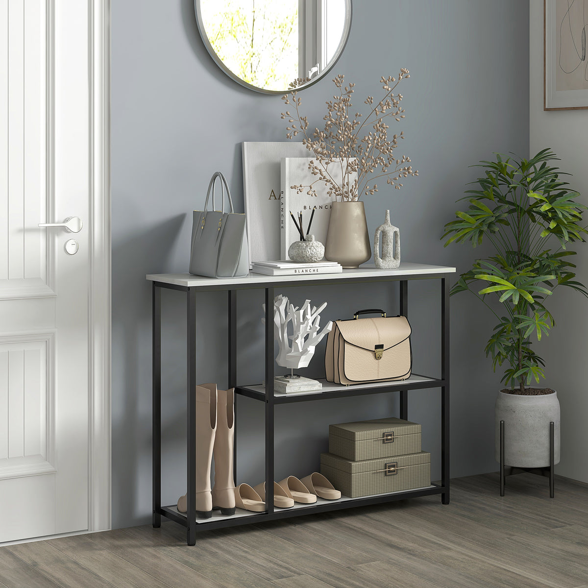Console table in industrial design, 2 shelves, marble look, black + white (2)
