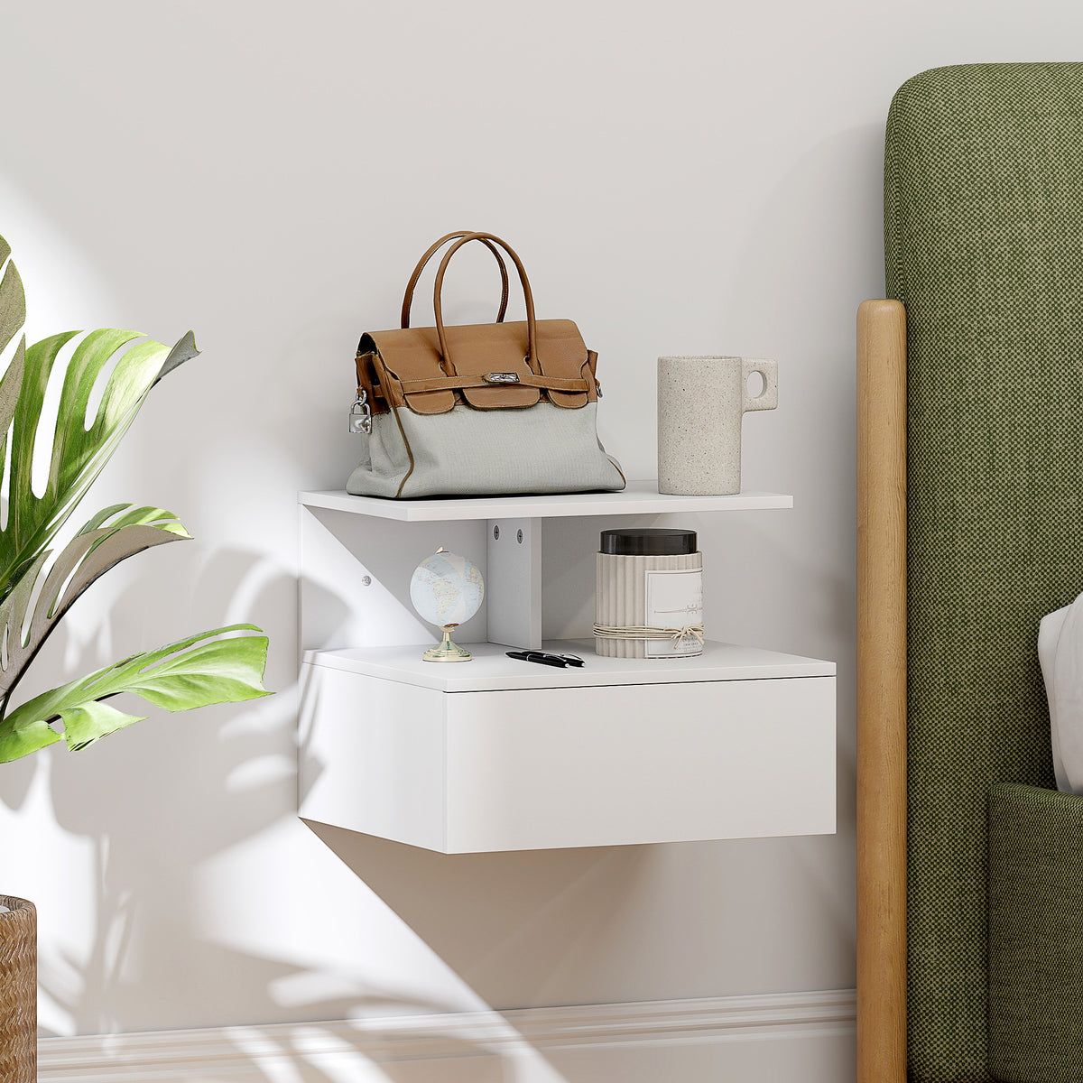 Wall-mounted nightstand, side table with drawer, open compartment, white, 39.8 x 35 x 31.6 cm (2)